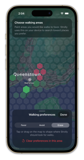 Strolly showing a non-modal walking preferences panel across the bottom of the map in portrait
