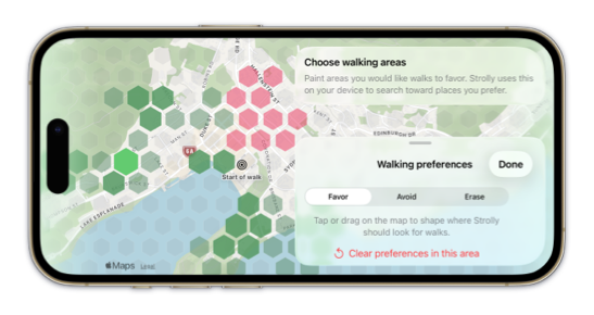 Strolly showing the walking preferences panel aligned to the trailing edge of the map in landscape