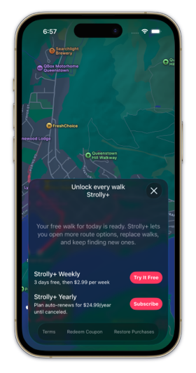 Strolly showing the Strolly+ subscription subpage within a panel over the map in portrait