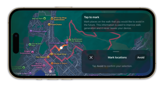 Strolly showing a non-modal mark locations panel aligned to the trailing edge of the map in landscape