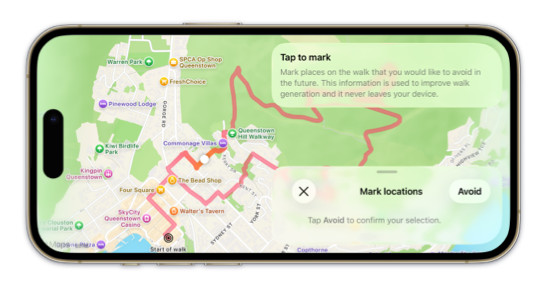 Strolly showing a non-modal mark locations panel aligned to the trailing edge of the map in landscape
