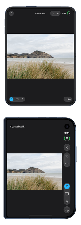 The custom menu label arranges its shape and text horizontally on the inner display of iPhone Duo and vertically on its outer display