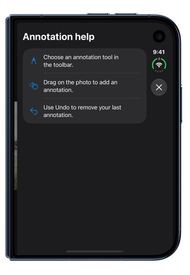 A help sheet with its close button in a vertical bar, reducing the width available to the text