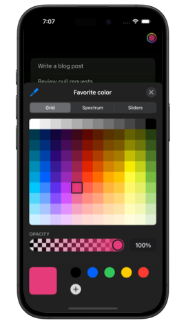 Color picker interface on an iPhone showing a grid of colors with a selected pink shade