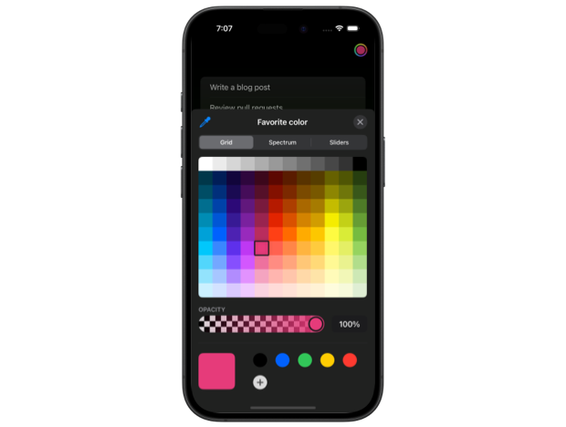 Color picker interface on an iPhone showing a grid of colors with a selected pink shade