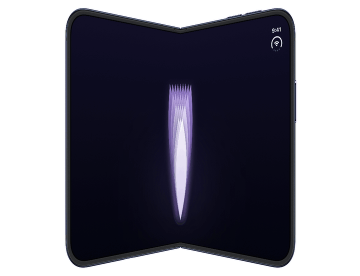 iPhone Duo in a partially folded position with a purple flower in the middle of the inner display. As the device unfolds, the flower's petals fan out from a closed bud into full bloom, and as it folds, they close again.