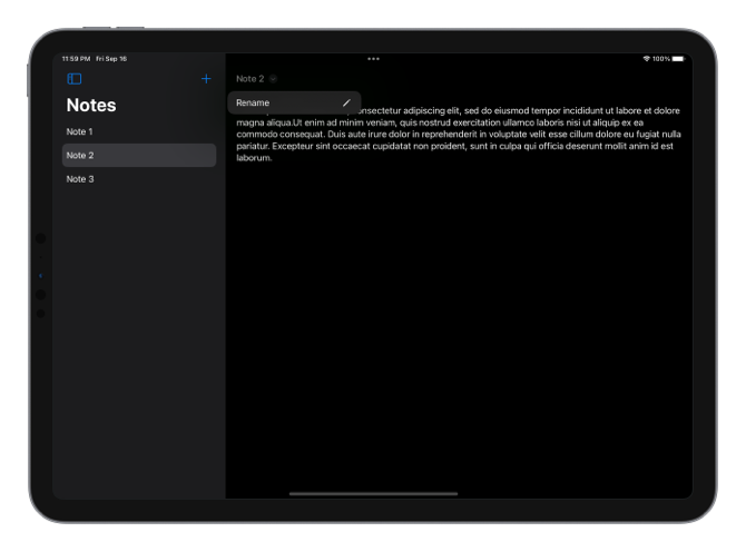 Screenshot of the sample notes app showing the rename action in the title menu