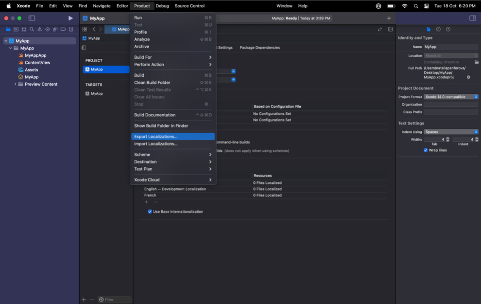 Screenshot of Export Localizations... menu button in Xcode