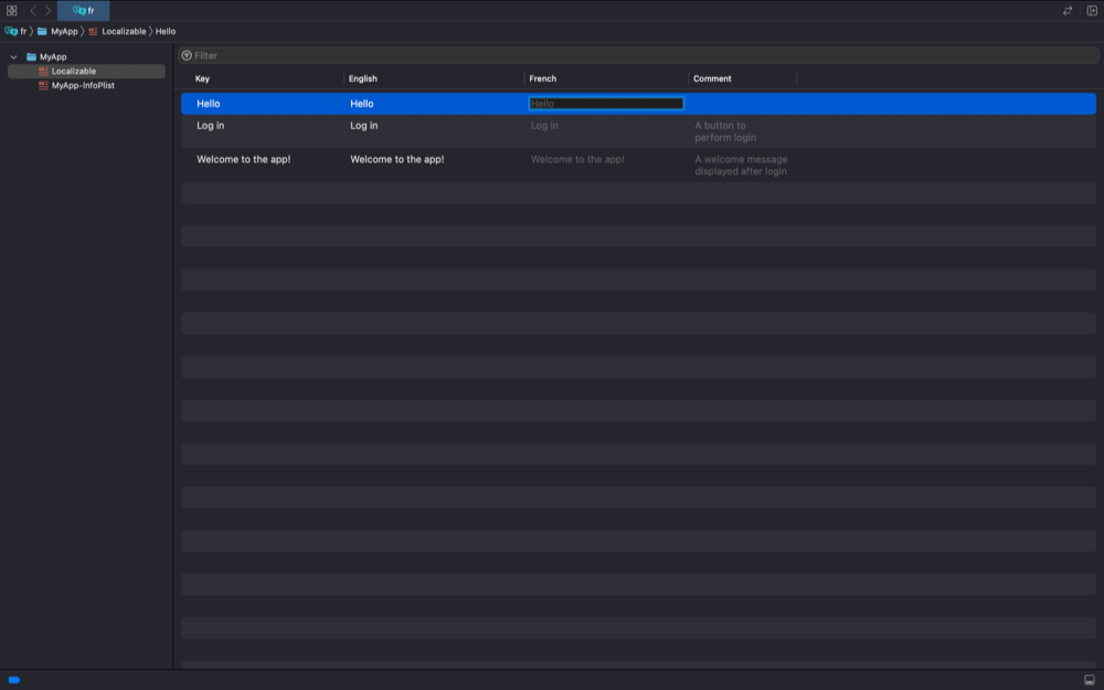Screenshot of an xcloc file opened with Xcode