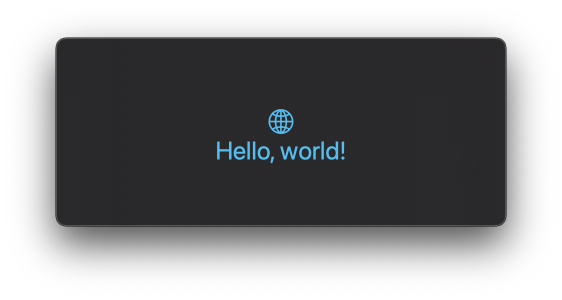 Globe symbol above the text 'Hello, world!' styled in cyan