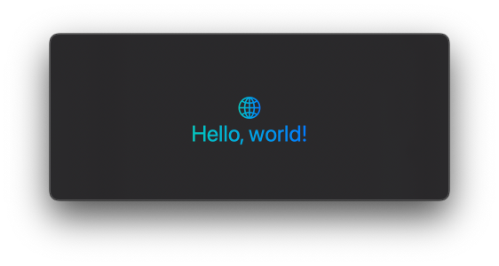 Globe symbol above the text 'Hello, world!' styled with a mint-to-blue gradient