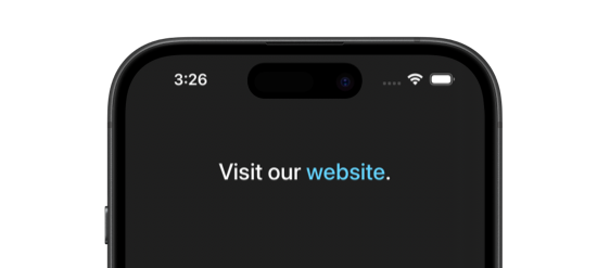 iPhone screen showing the text 'Visit our website' with the word 'website' styled as a cyan link