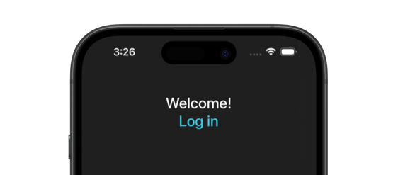 iPhone screen showing the text 'Welcome!' with a teal 'Log in' button below