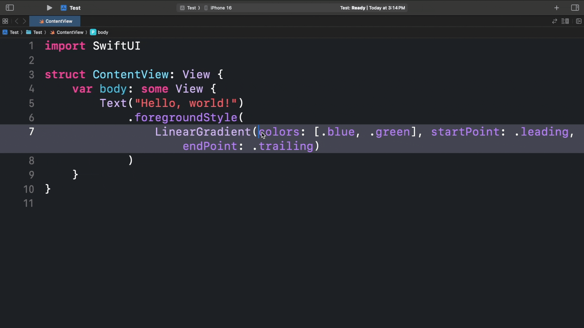LinearGradient initializer with multiple parameters being reformatted onto separate lines using the Control-M shortcut