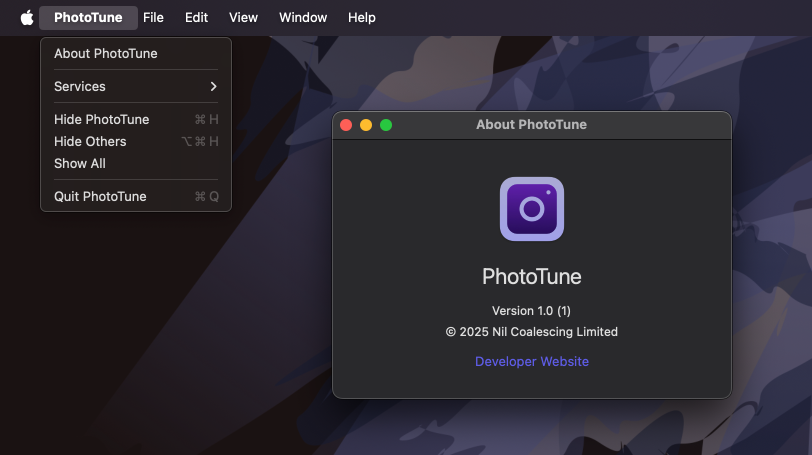 Menu bar of a macOS app named PhotoTune with a custom About window open, showing the app icon, name, version, copyright, and a link to the developer website