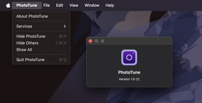 Menu bar of a macOS app named PhotoTune with the About window open, showing the app icon, name, and version number against a dark background