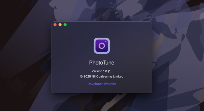 Custom About window for the macOS app PhotoTune with a translucent material background