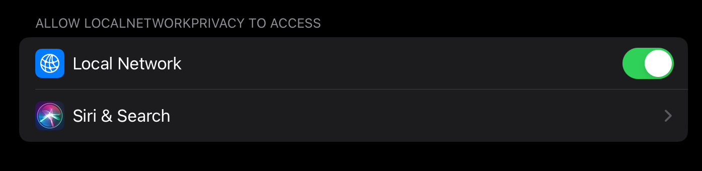 Screenshot of Local Network device setting set to true