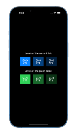 Screenshot showing levels of the blue tint color and green color