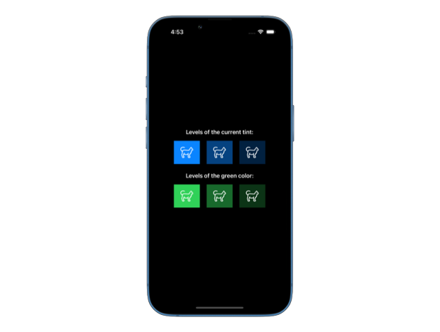 Screenshot showing levels of the blue tint color and green color
