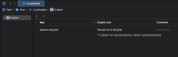 String catalog entry in Xcode showing a localized value for the image name person.bicycle