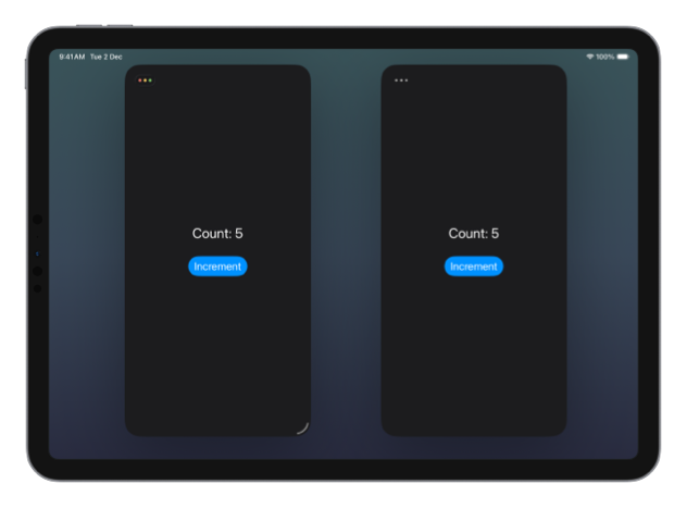 Side by side app windows on an iPad, each showing Count 5, demonstrating shared state across scenes