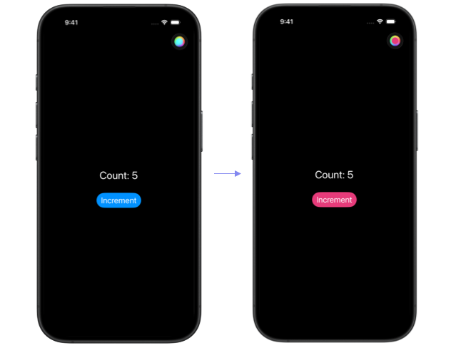 Side by side iPhone screens showing the counter before and after changing the tint color, with the count remaining at 5