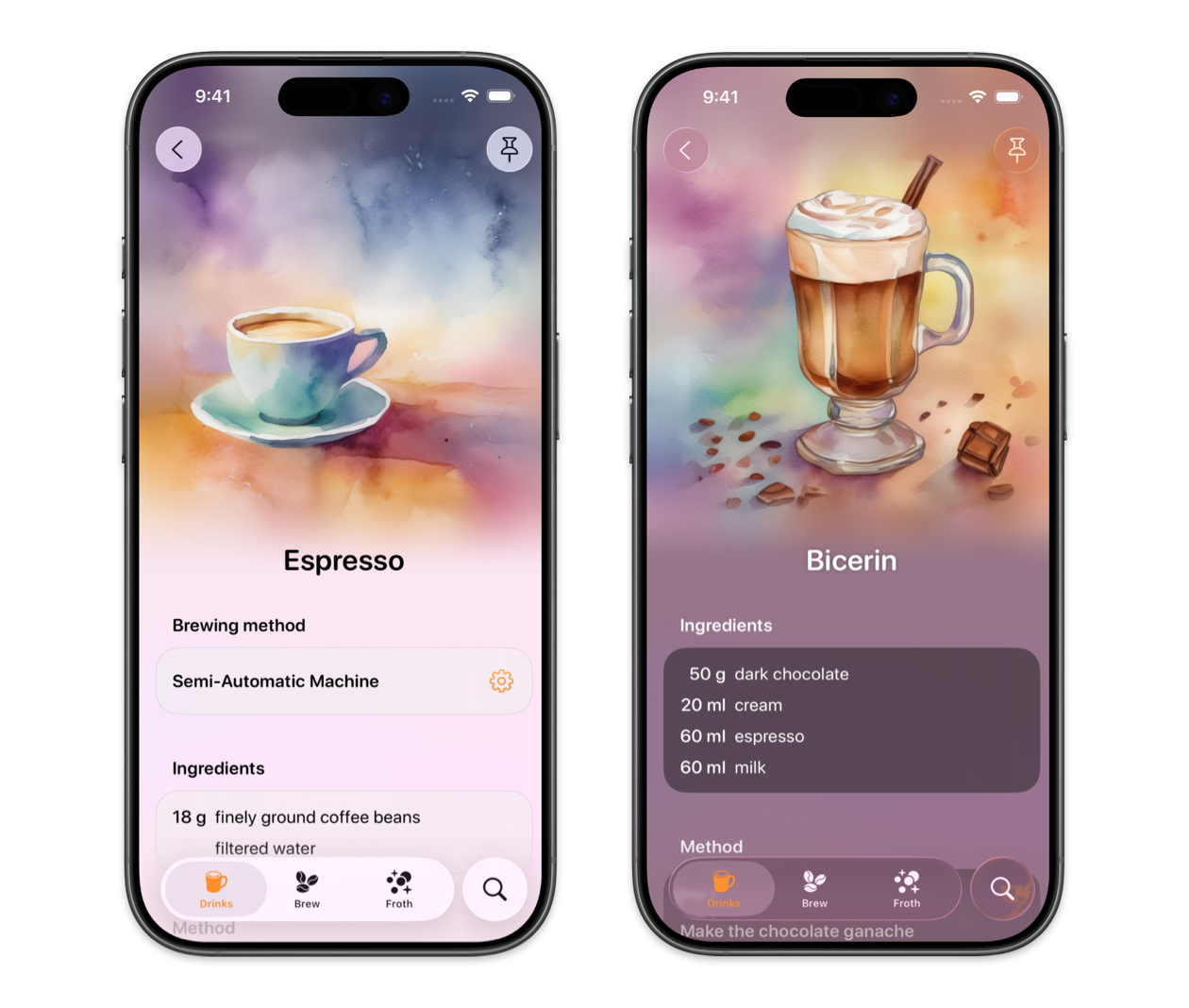 Espresso recipe in light mode and Bicerin recipe in dark mode on iPhone