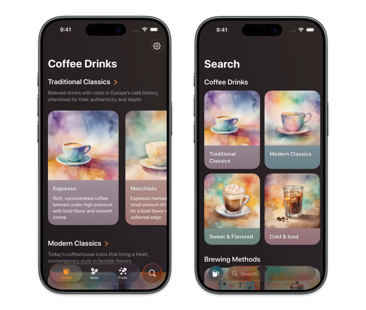 Tab view and search tab in Breve on iPhone