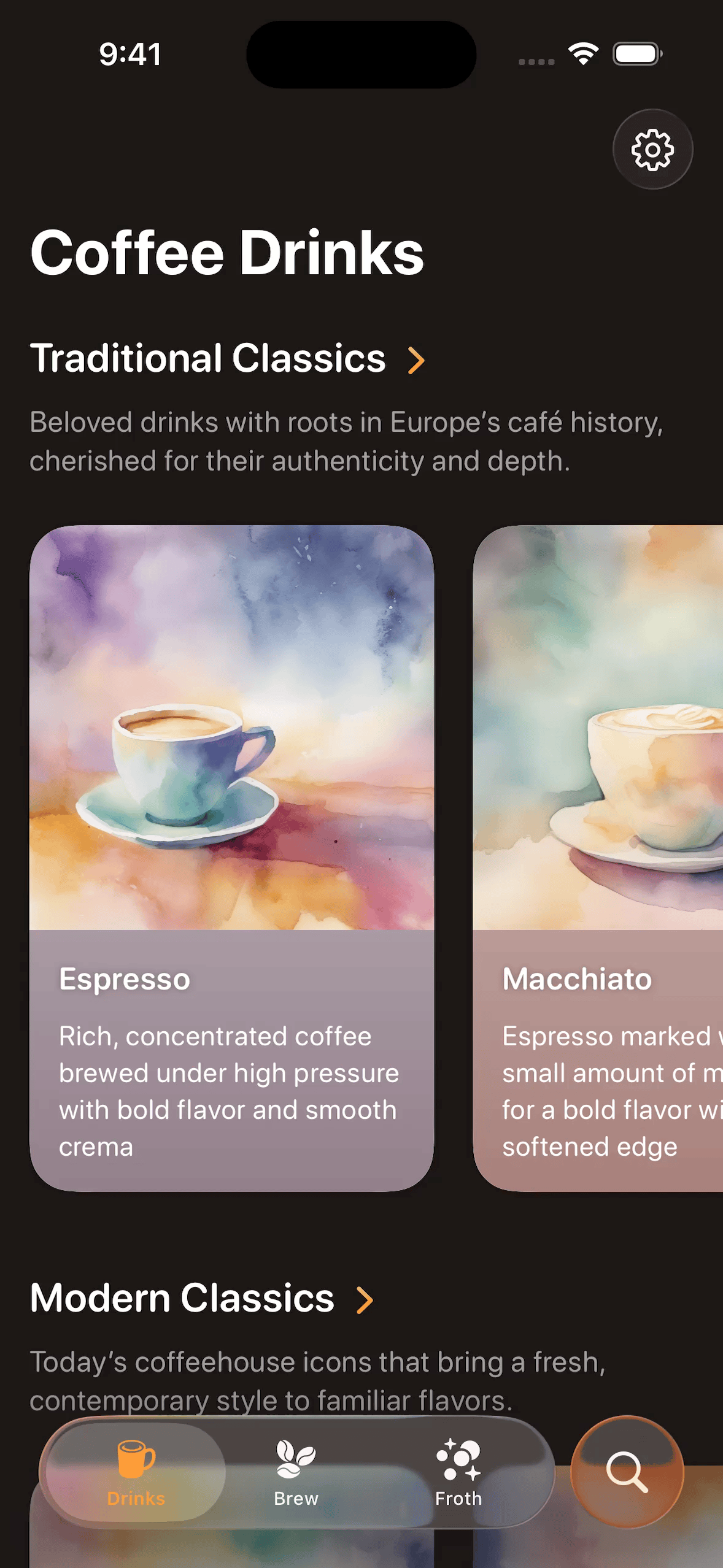 Preferences sheet morphing from the settings toolbar button