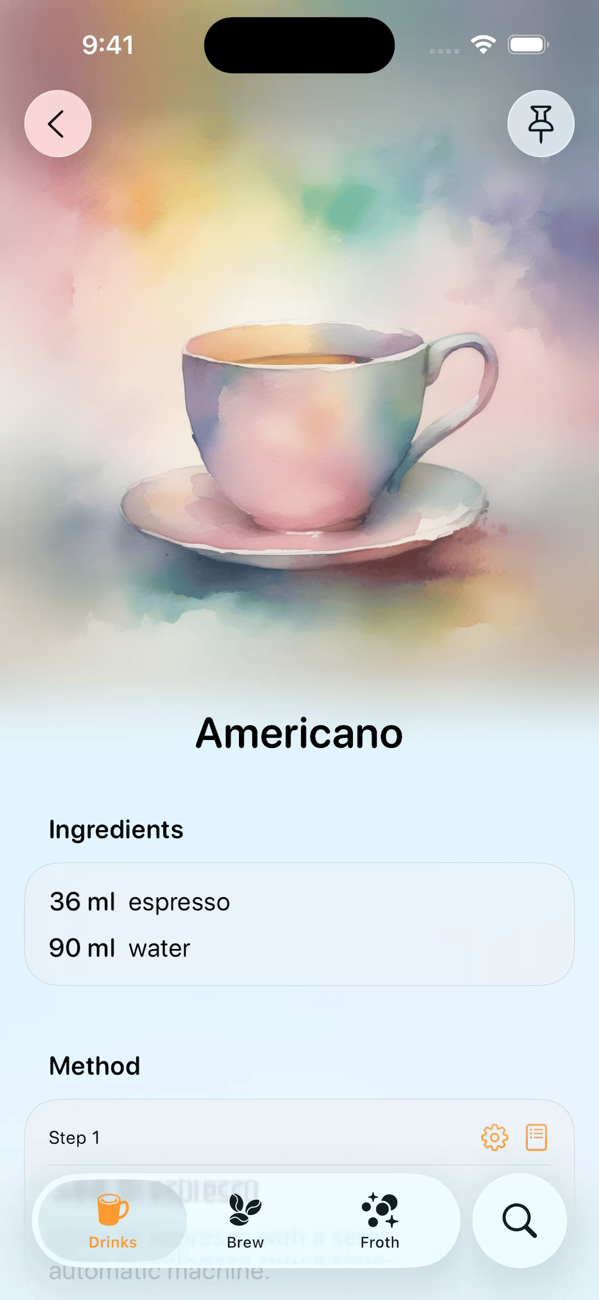 Scrollable recipe detail screen where a full-width coffee image at the top stretches smoothly when overscrolled