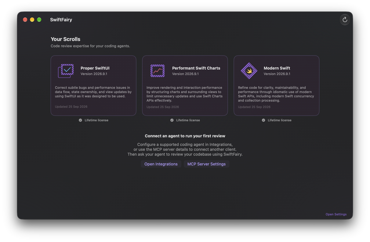The SwiftFairy app showing the Proper SwiftUI, Performant Swift Charts and Modern Swift Scrolls with lifetime licenses, and a prompt to connect a coding agent to run a first review
