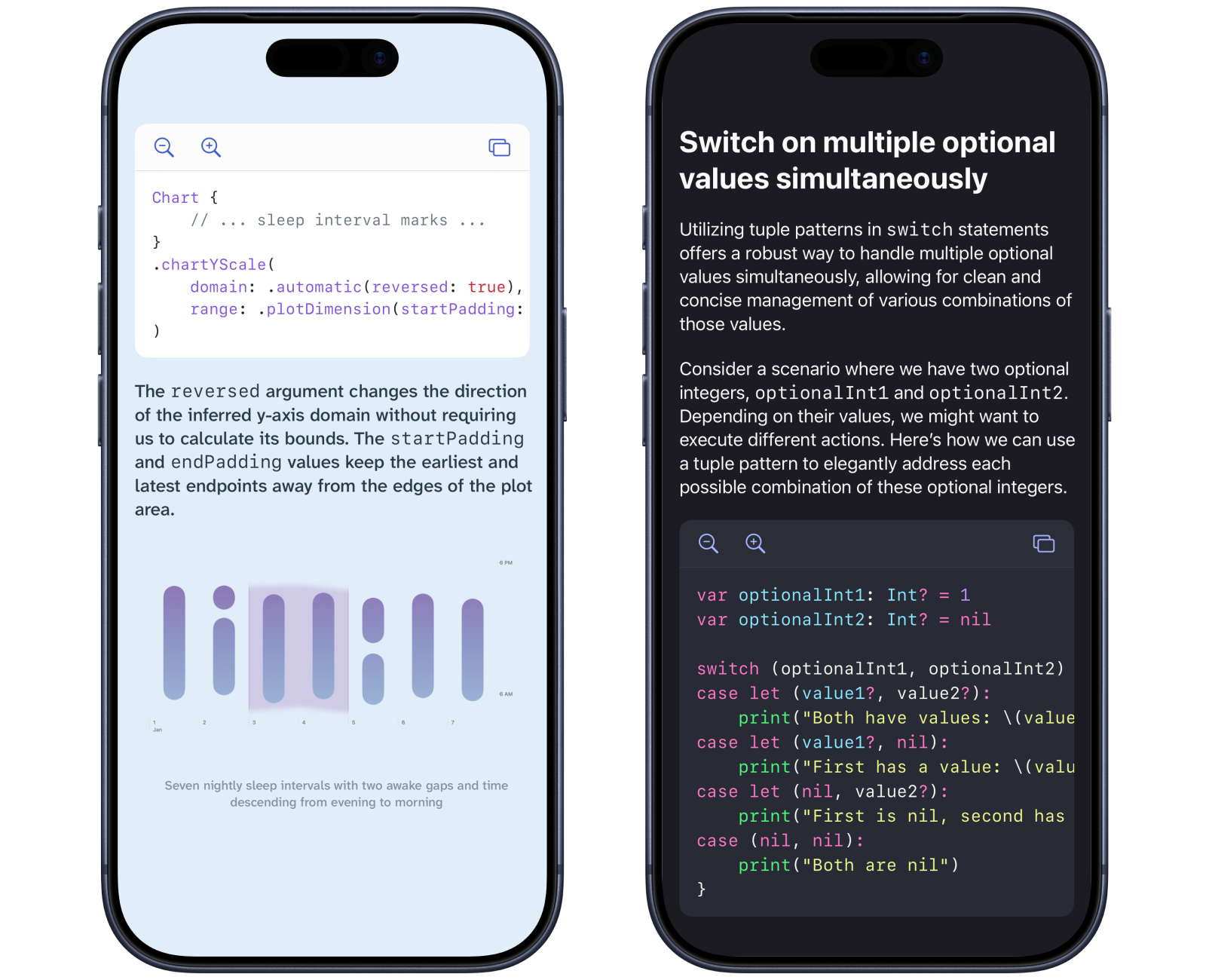 Whio showing a Swift Charts example in a light blue theme and a Swift optional-pattern example in a dark theme, side by side in iPhone frames with zoom and copy controls.