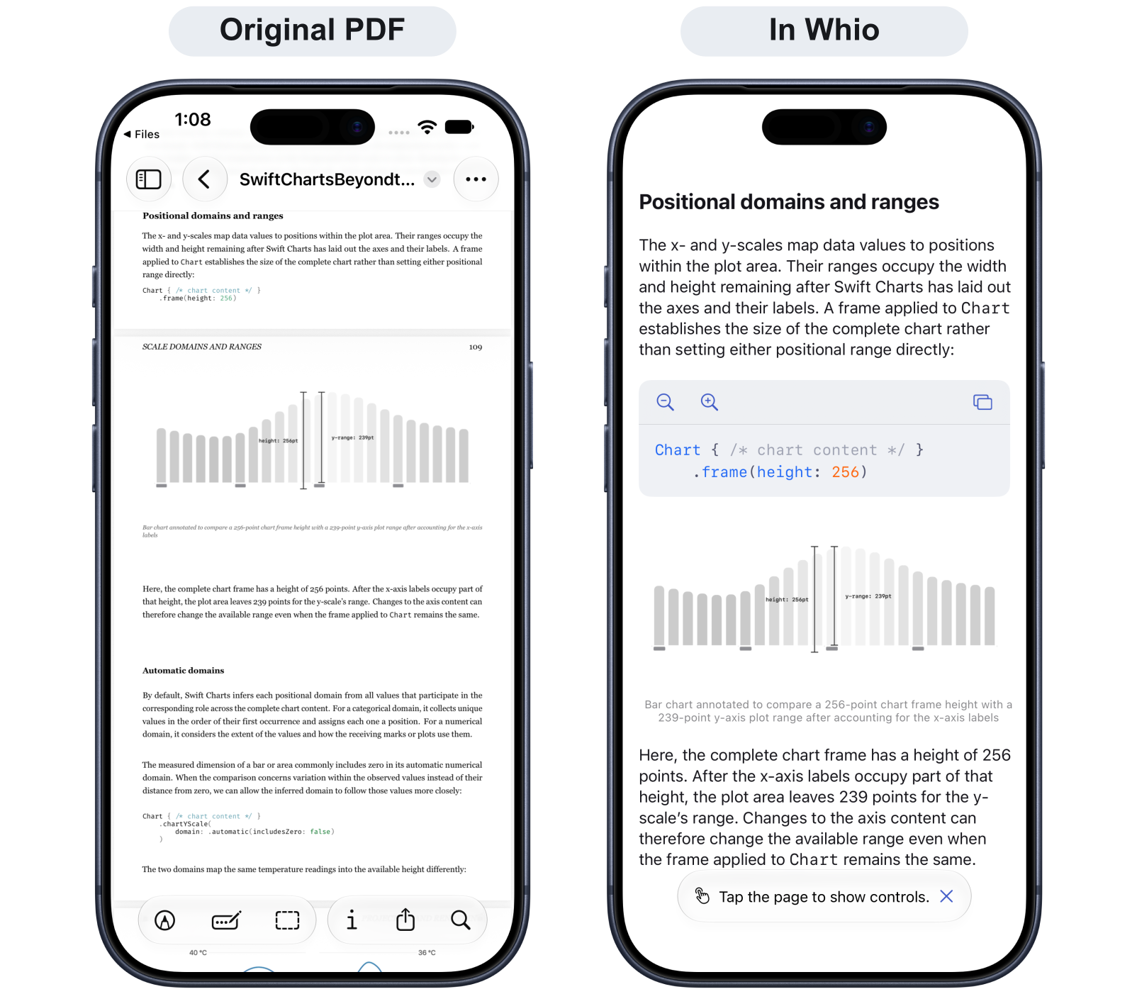 The same passage from Swift Charts Beyond the Basics in its original PDF layout on the left and reflowed in Whio on the right, with larger text, highlighted code, and the chart preserved.