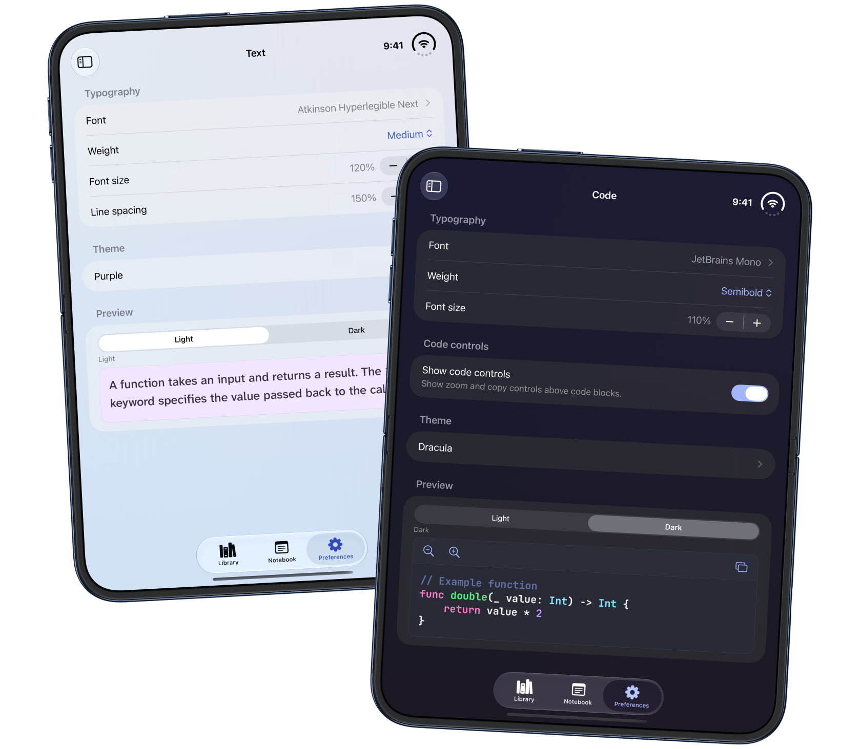 Whio text and code preferences on overlapping iPhone Duo displays, showing independent fonts, weights, sizes, and theme previews in light and dark appearances.