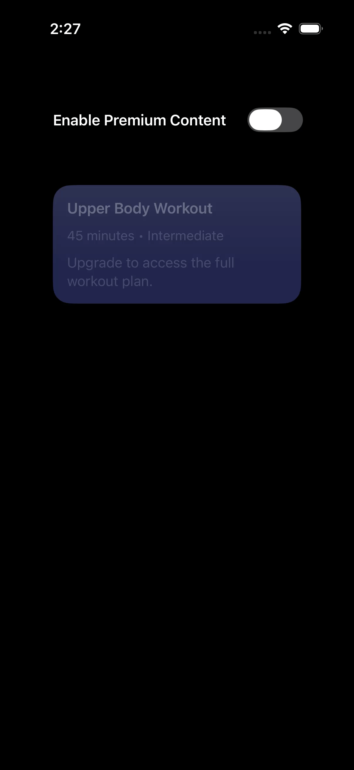 Premium workout card fades smoothly while text changes instantly when toggling premium content