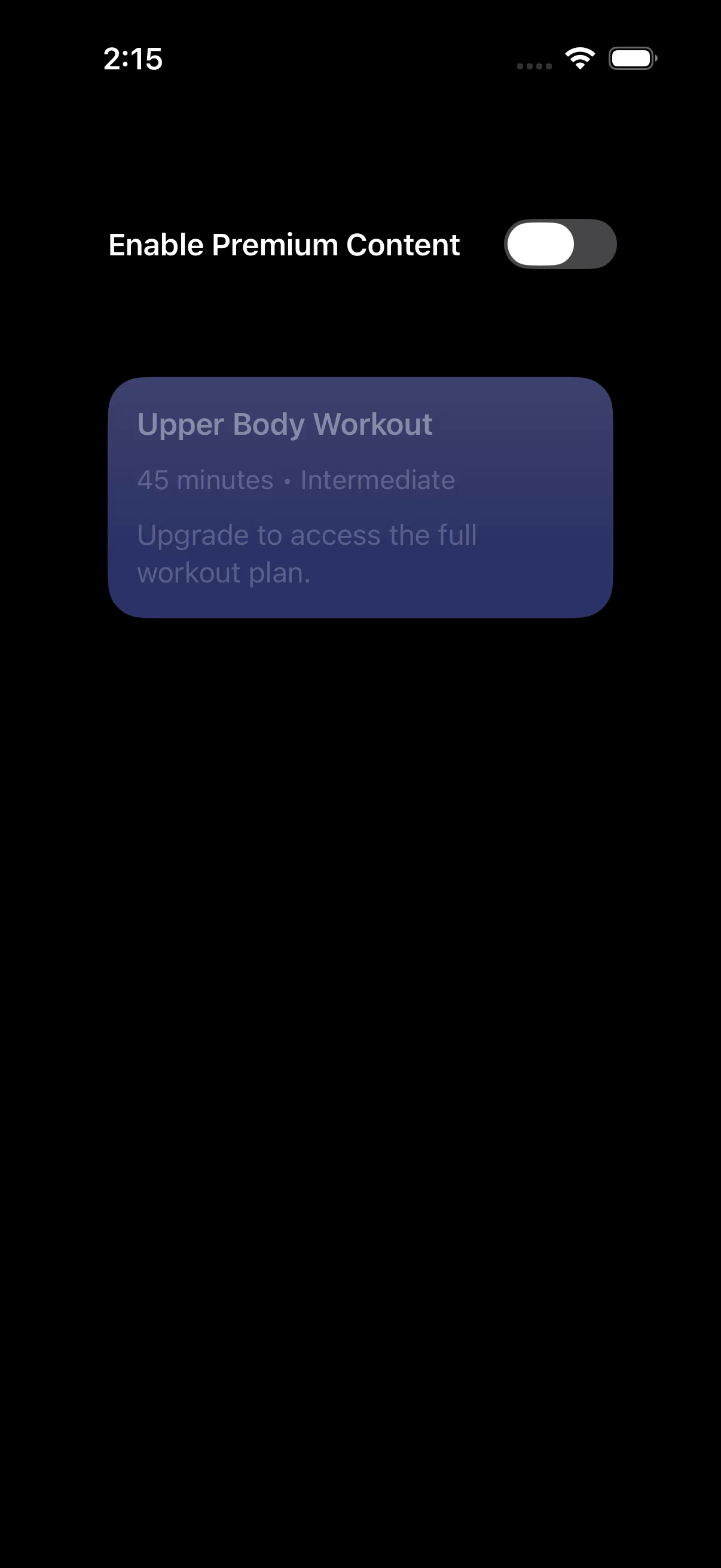 Premium workout card fades while its text content animates when toggling premium content