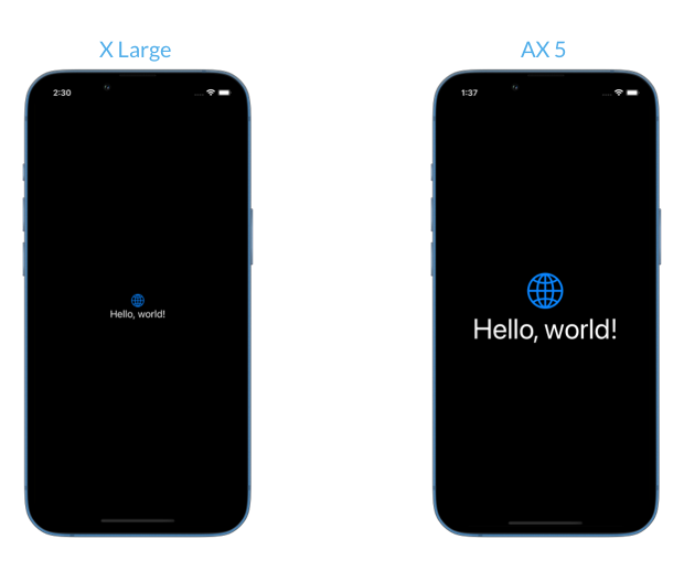 Screenshots of text and symbol image on iPhone in extra large size and accessibility size 5