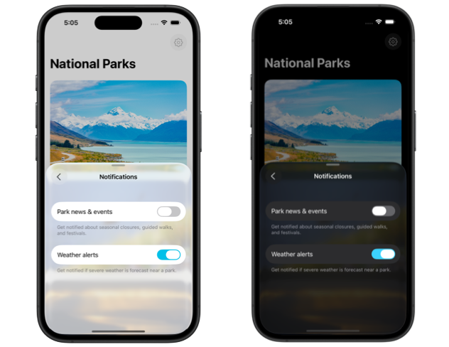 Two iPhone screens showing notifications settings destination in the settings sheet in light and dark mode