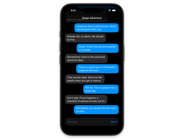 A SwiftUI chat interface with the scroll view positioned at the bottom of the conversation on appearance