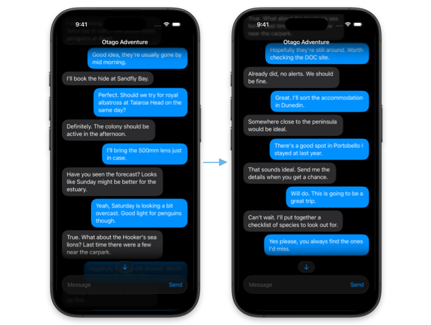 Two screens showing a chat view scrolled up to earlier messages on the left, and after tapping the 'Jump to latest' button the scroll view has moved to the most recent message on the right
