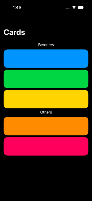 Colored cards being dragged between two sections in a vertical stack using the new reorderable API