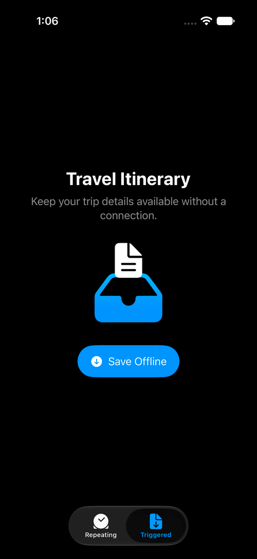 A document lifting and dropping into a tray after the Save Offline button is pressed