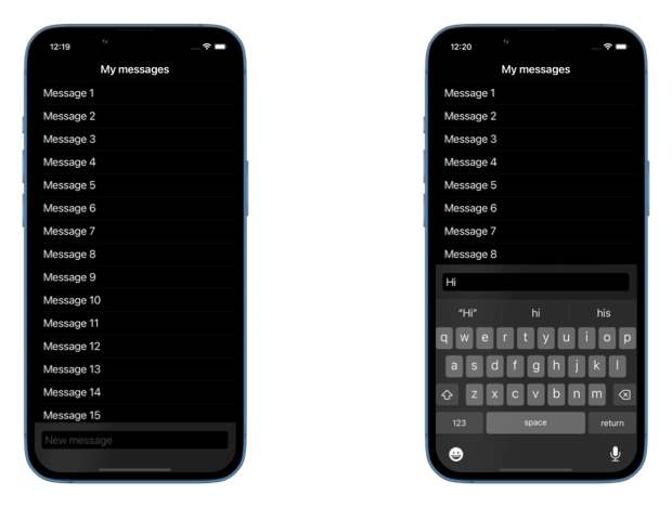 Screenshots of the sample app where the text field is pinned to the bottom.