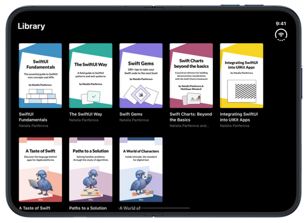 The library with five columns of covers on the fully open inner display of iPhone Duo at the extra-small text size