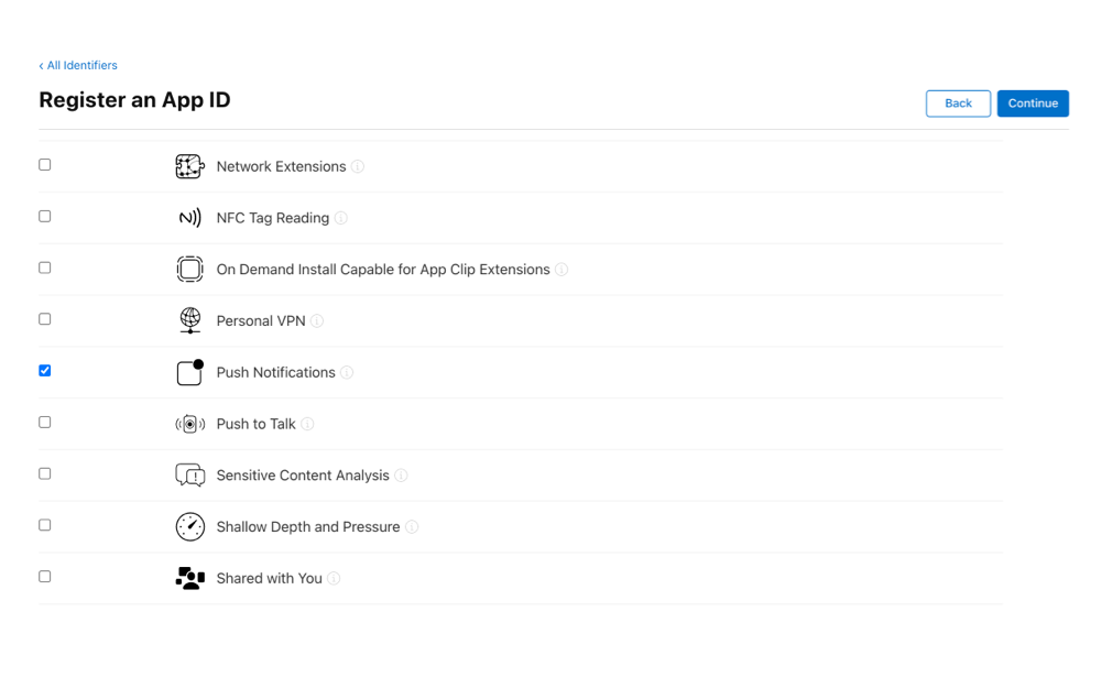 Screenshot of app ID setup with push notifications enabled