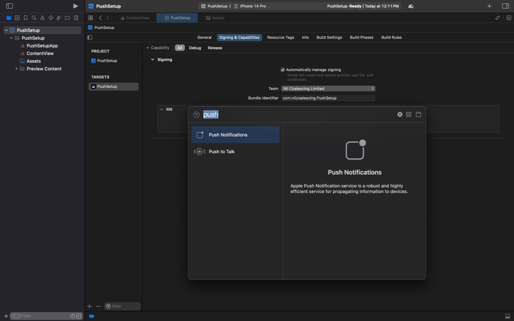 Screenshot of Push Notifications capability in Xcode