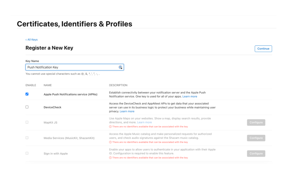 Screenshot of push notifications key setup