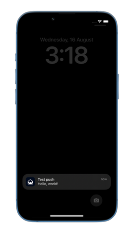 Screenshot of the test push notification on iOS simulator