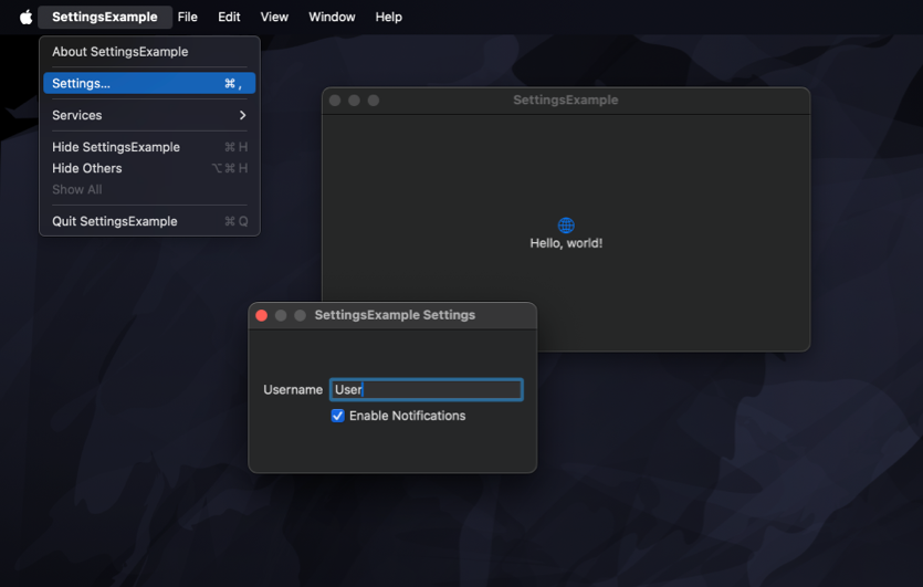 Screenshot of a Mac app that shows an example Settings window